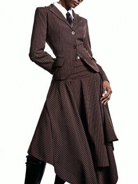 Rust Brown Elegant Women's Stripe Waist-Cinched Blazer Skirt Suit Set